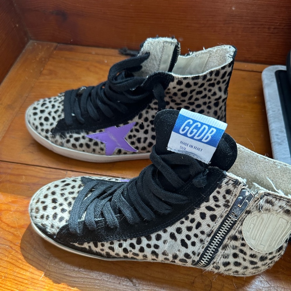 Golden Goose Leopard Print High-Top Sneakers with Purple Star